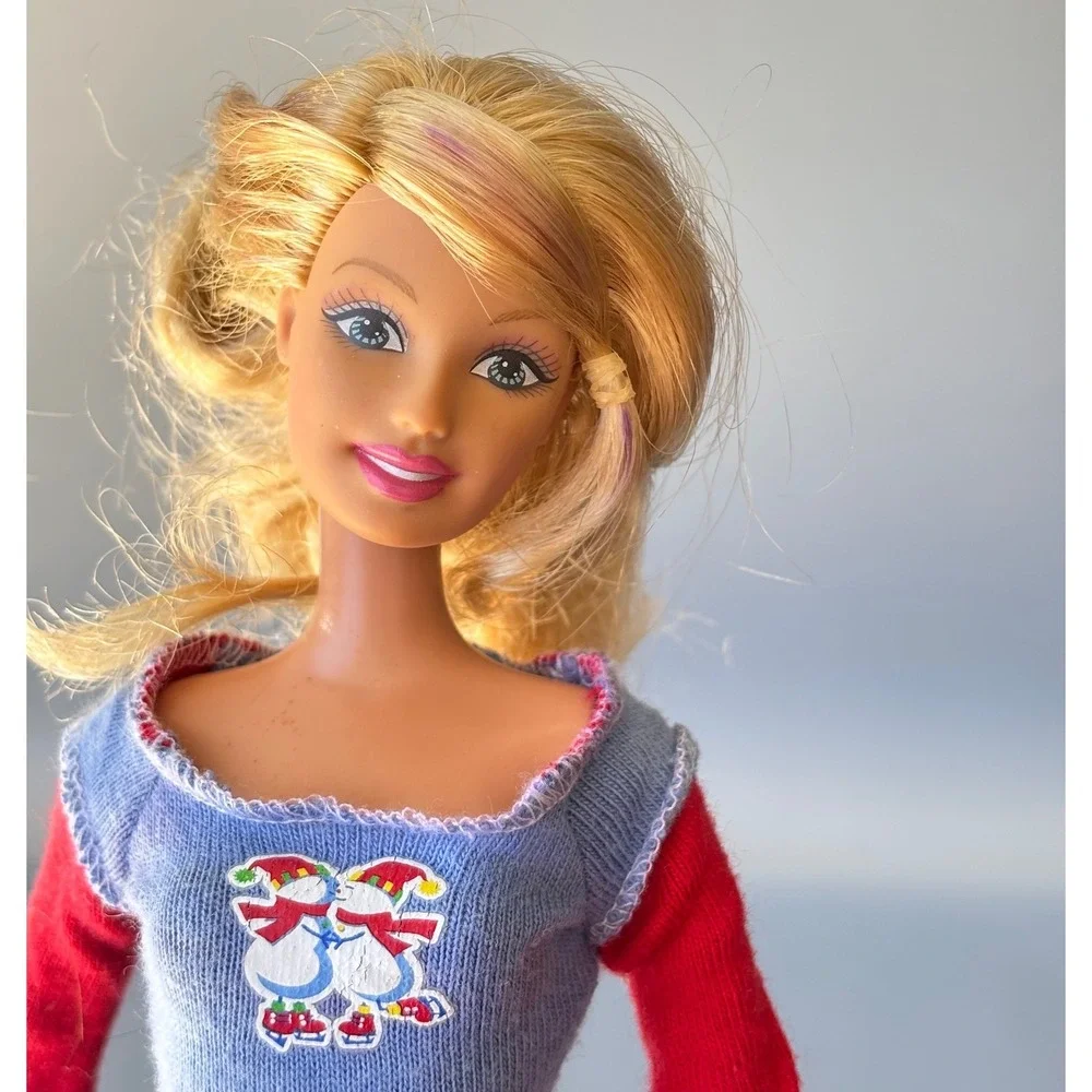 Vtg 1999 Mattel‎ Barbie Doll Winter Snowman Pajamas Blue Red Knit Top Snowflake